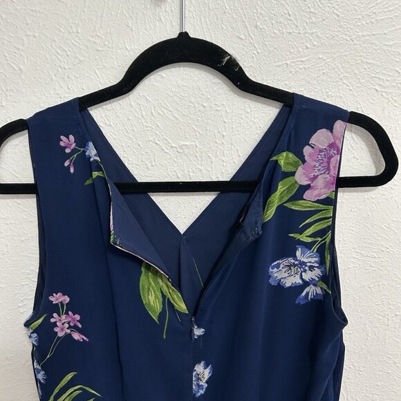 TALBOTS  GEORGETTE PAINTERLY SLEEVELESS NAVY BLUE FLORAL WRAP DRESS RUFFLE 10P - Picture 8 of 12